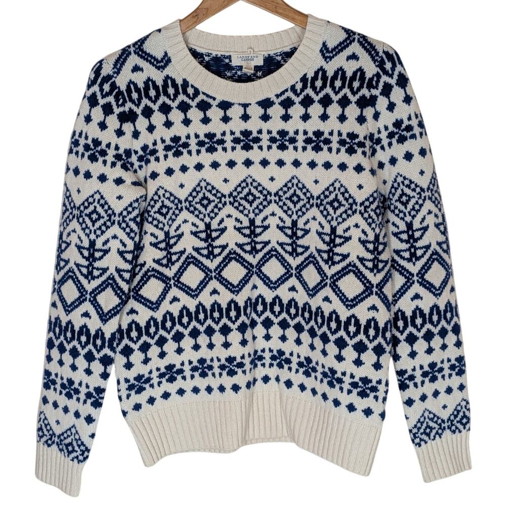 Lands End Sweater Size Small Blue Nordic Fair Isle Lambs Wool Crewneck Knit
